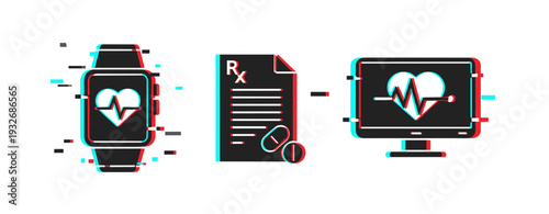 Digital health icons showing monitoring and prescription on white background. Glitch effect