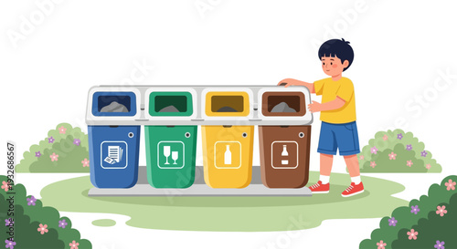 A young boy sorting waste into colorful recycling bins in a garden environment