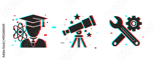 Education science and tools icons displayed on white backdrop. Glitch effect