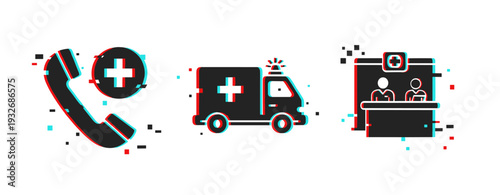 Phone ambulance reception showing medical emergency contact on white background. Glitch effect