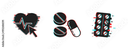 Heart health click icon with pills and blister pack. Glitch effect