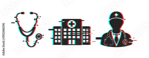 Stethoscope hospital and doctor icons representing healthcare. Glitch effect