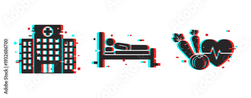 Hospital patient in bed nutrition heart icons on white background. Glitch effect