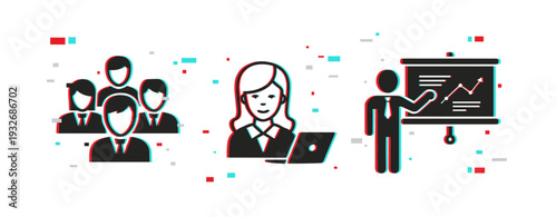 Business team collaborating and presenting in white space. Glitch effect