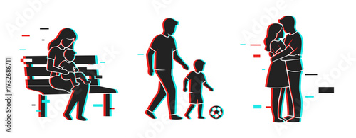 Parents and children interacting in outdoor park icon scenes. Glitch effect