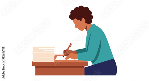 A person sitting at a desk writing with a pencil in a calm environment from a side view
