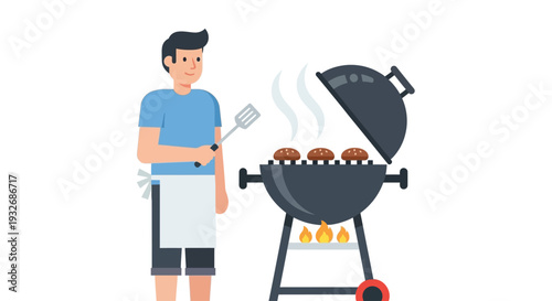 Man grilling burgers on a barbecue in a casual outdoor setting viewed from the side