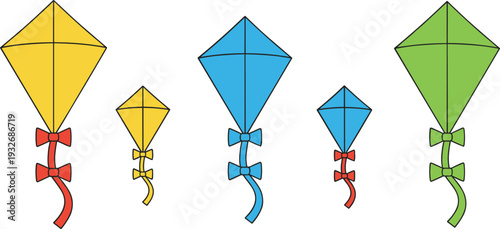 Minimal hand-drawn vector illustration set of decorative kites with bows and tails in clean outline style and consistent stroke width