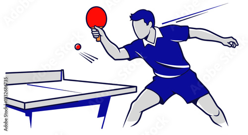 Illustration of a table tennis player serving the ball, using a red paddle over a table; design can be used for sports illustrations, game advertisements and related graphics.