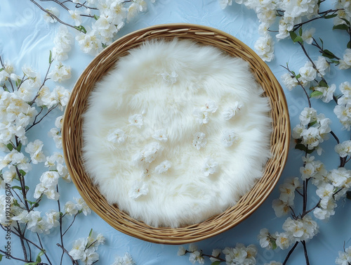 Soft white fur round wicker basket cherry blossom flower floral frame pastel background baby photo prop spring decoration cozy texture delicate petal nursery decor Soft white fur round wicker