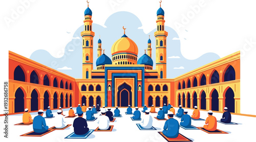 Serene devout worshippers performing congregational prayer within the pristine architectural courtyard of a grand mosque during a bright daylight ceremony