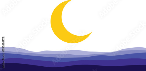 Serene golden crescent moon hanging gracefully over rolling purple oceanic waves in a minimalist and ethereal night sky composition