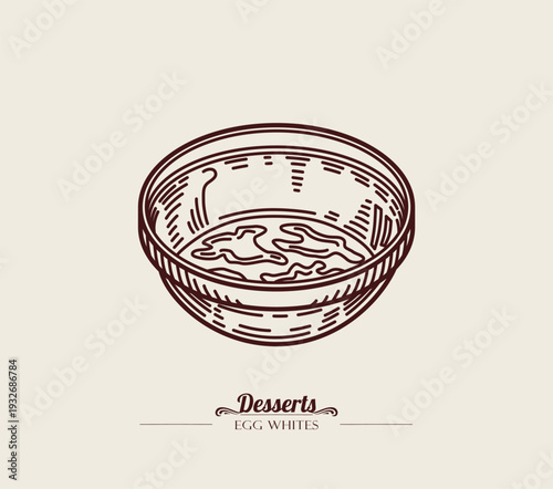 Eggs whites in a glass bowl. The whites are  separated from yolks. Graphic drawing, engraving, etching technique. Line art, sketch style. Vector hand drawn illustration