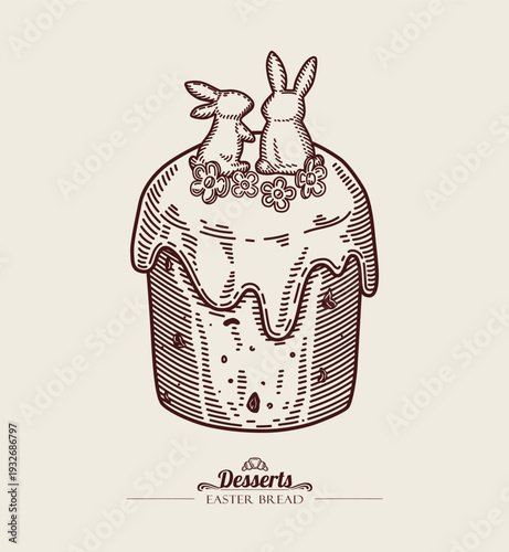 Homemade Easter sweet bread with white  icing and bunny cookies. Cake with white glaze.Traditional baking. Line art, sketch style. Vector hand drawn illustration