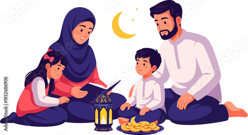 Spiritual pious family reading together by the soft glow of a lantern in an intimate evening setting under the light of a crescent moon