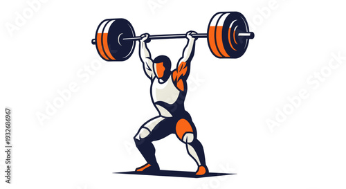 Dynamic vector illustration of a weightlifter powerfully lifting a barbell overhead, isolated on white, rendered in navy, orange, and white, symbolizing strength and fitness.