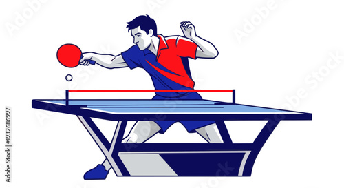 Illustrated man in sportswear hitting a ping pong ball over a table tennis net; great for sports, competition, active lifestyle, and recreation themed illustrations.