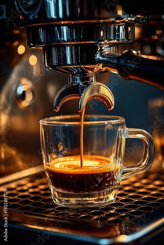 Inviting espresso shot pouring from chrome portafilter into clear glass cup on metal drip tray, rich crema and warm golden bokeh lighting