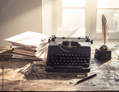 Vintage black typewriter on a rustic wooden desk with a stack of papers and quill inkwell. Warm sunlight creates a nostalgic scene for classic writing, storytelling, and creative inspiration.