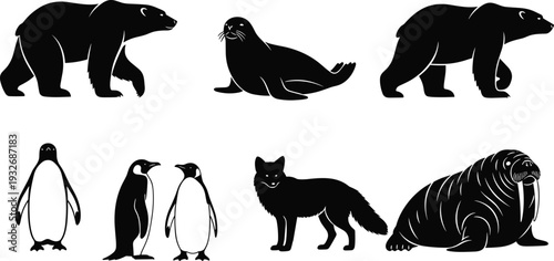 Arctic Antarctic animal silhouettes, polar bear, seal, penguin, arctic fox, walrus vector, wildlife illustration, cold region biodiversity, flavector