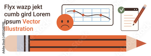 Analytics, education tools, data presentation, content planning, productivity, performance metrics. A line graph, checklist sad face icon and a pencil. Analytics and education tools concept