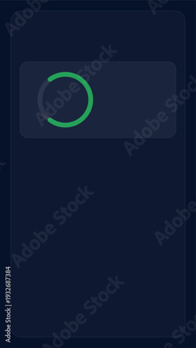 A dark blue screen displays a loading animation with a green circular progress indicator in the top left corner.
