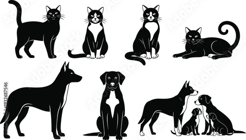 Cartoon cats and dogs in various poses, black and white vector illustration of pets sitting standing lying, playful clipart collection flavector