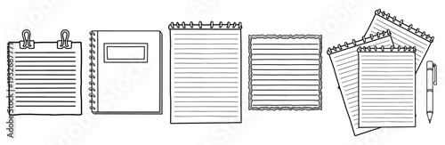 Hand drawn notebook and notepad set, blank paper sheets doodle collection. Stationery set vector, spiral notebooks and clip notes sketch