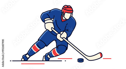 Flat vector illustration of a hockey player in blue uniform and red helmet dribbling a puck on an ice rink, a dynamic scene perfect for sports content.