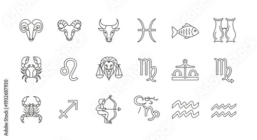 Zodiac signs illustration, representing the twelve astrological symbols in a row.