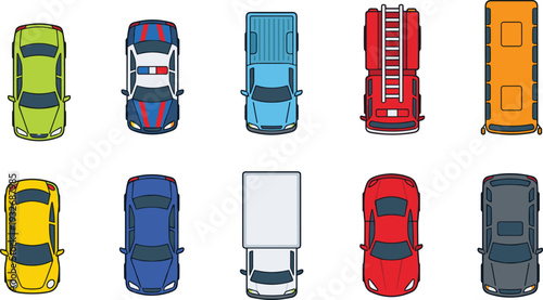 Top view set of urban transport vehicles including police car, fire truck, yellow bus, and delivery van flat vector illustration