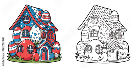 Cute Easter Egg House Illustration for Coloring Book