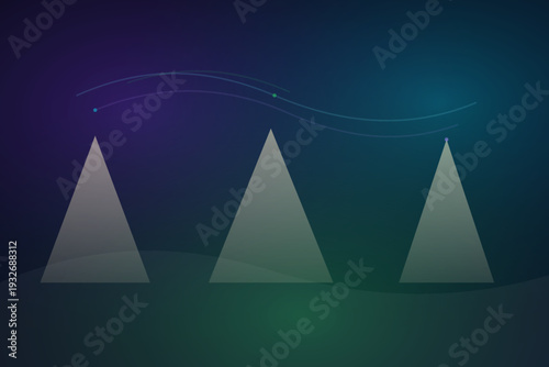 Three illuminated pyramids aligned in a row with a wavy line trajectory above them against a dark gradient background from a straight-on viewpoint