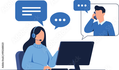 Customer service representative with headset assisting client via phone, remote communication support, business help desk illustration, online consultation, flavector
