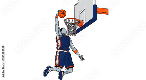 Illustration of a basketball player performing a slam dunk, wearing blue uniform with orange accents, against a clean white background; ideal for sports-themed designs.