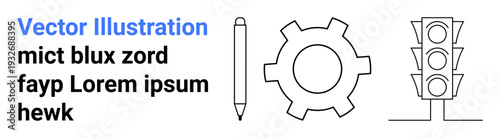 Pencil, gear, and traffic light with placeholder text for creativity, industry, productivity, innovation, education, technology and clear communication. Ideal for presentations or a simple landing
