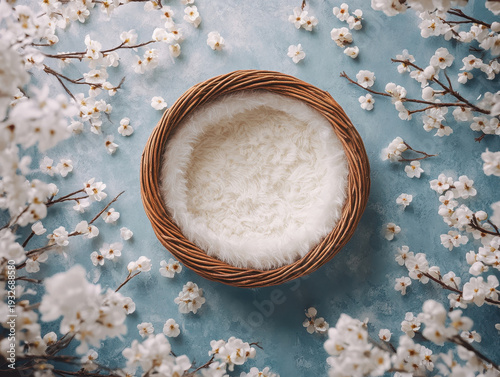 Spring nest baby photography floral background soft texture pastel color round basket cherry blossom empty space newborn prop delicate detail Gentle spring nest baby photography scene with floral