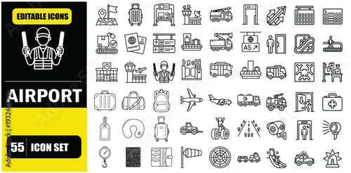 Airport Outline Icon Set, Aviation Travel, Airplane, Terminal, Boarding Pass, Security Check, Baggage, Runway, Linear Editable Stroke Vector Illustration