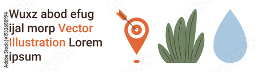 Navigation, environment, sustainability, nature exploration, ecological awareness, location services. Target pin, grass and water droplet icons with placeholder text. Navigation and environment