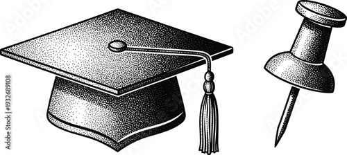 Graduation cap mortarboard illustration, push pin stippling drawing, academic achievement symbol, education success artwork, bulletin board organization concept, flavector
