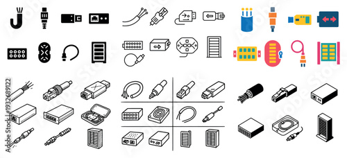 Technology icons with cable usb connector outline style