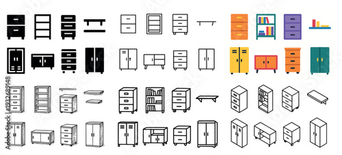 Furniture icons with cabinet shelf drawer outline
