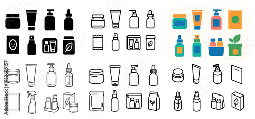Skincare icons with bottle jar tube outline flat