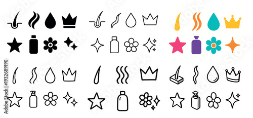 Beauty icons with hair drop crown colorful flat