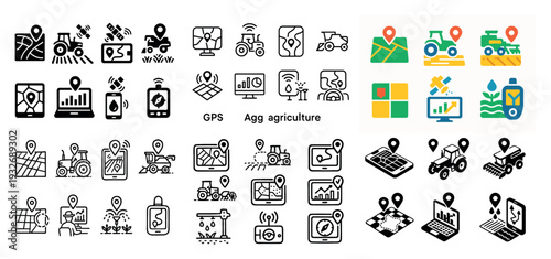 Agriculture icons with tractor map sensor colorful flat