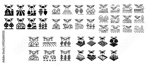 Agriculture icons with drone crop field outline