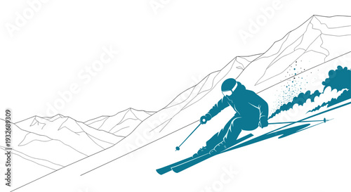 A bold teal graphic illustration of a skier skillfully carving downhill, set against a backdrop of outlined majestic mountains and snow, evoking speed and adventure.