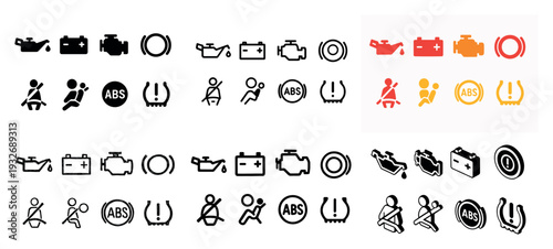 Automotive icons with engine and battery outline