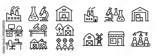 Industry icons with factory flask warehouse outline