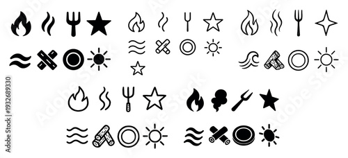 Camp icons with flame wave sun outline